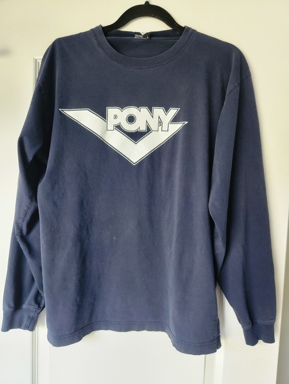 PONY Logo Navy Vintage Long-Sleeve tshirt Y2K grunge Size L Distressed 90s